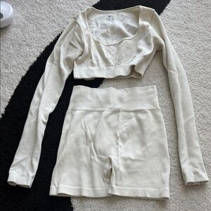 SHEIN Ribbed Long-Sleeve Scoop Crop Top & High-Waist Shorts Set — Cream